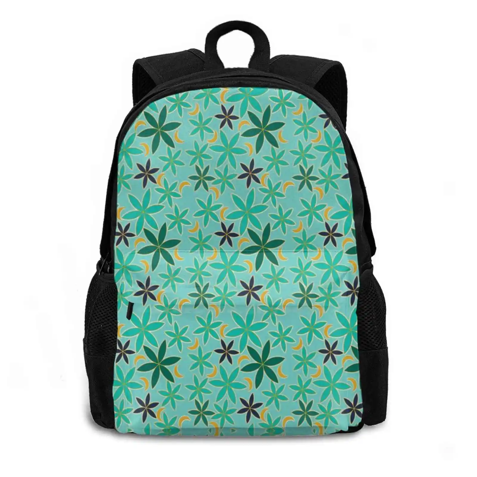 Turquoise Gold Flower Pattern Backpacks For School Teenagers Girls Travel Bags Flower Petals Moon Banana Teal Blue Turquoise