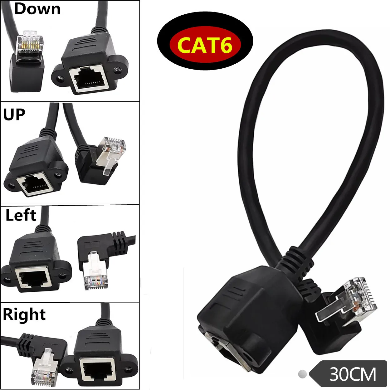 8Pin RJ45 كابل ذكر إلى أنثى برغي لوحة جبل شبكة إيثرنت محلية 8 دبوس 90 درجة زاوية الحق تمديد كابل 0.3 متر 0.6 متر
