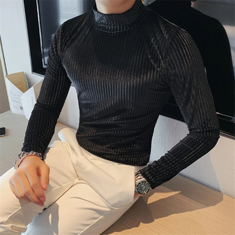 Autumn Winter Half Turtleneck Velour Under T Shirt Men Long Sleeve Casual Stripe Slim Fit Tops Tees Men Fashion Social T Shirt