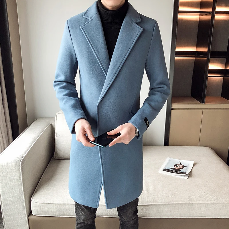 Elegant Sky Blue Man Coats Long Jackets Mens Vintage Winter Long Trench Coats Slim Fit Retro British Woolen Overcoat White Khaki