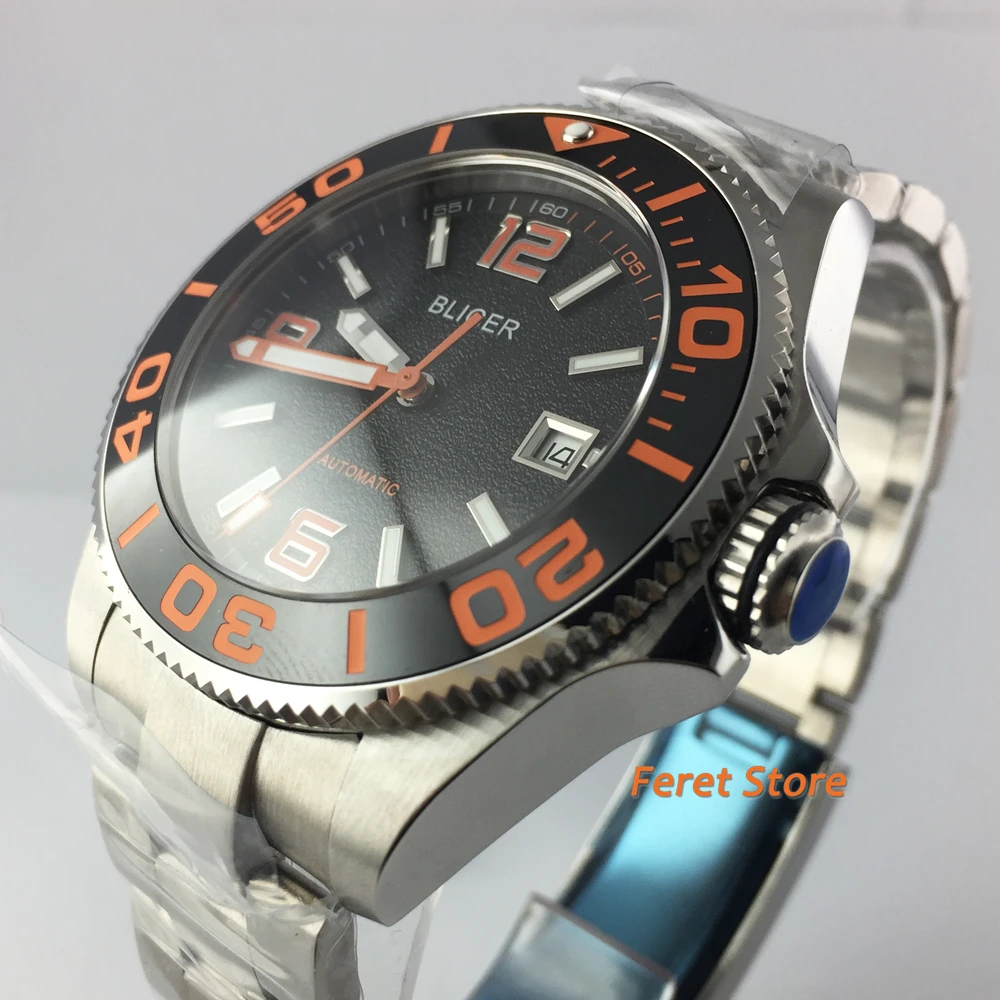 Bliger 43mm Top Casual Mechanical Men\'s Watch Sapphire Glass orange Ceramic Bezel Black Dial Waterproof Luminous Automatic Watch