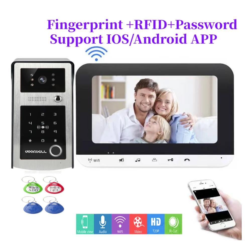 

App Remote Unlock Finerprint RFID Password Video Intercom 7 Inch Monitor Wireless WIFI Video Doorbell Speake Phone