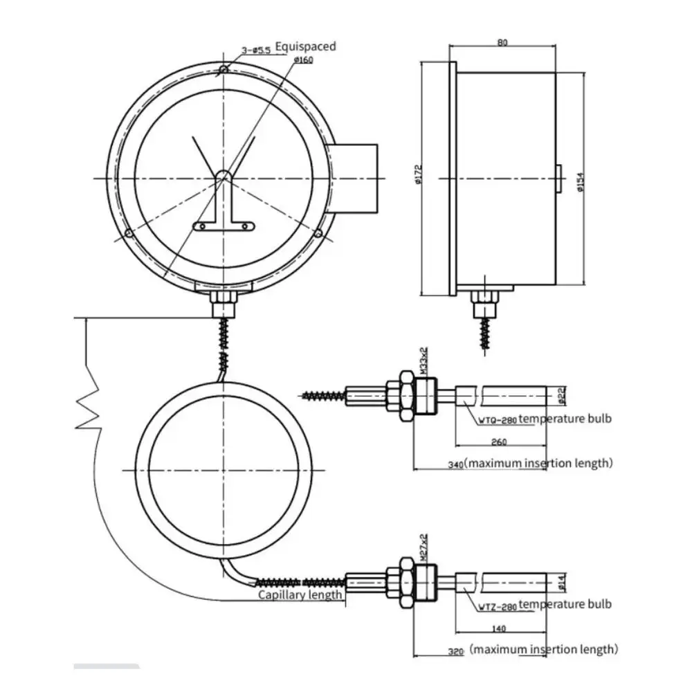 Fande 150Mm Elektrische Contact Thermometer 0-160 ℃ Met Capillaire Buis Sensor Voor Bad Water Industriële Boiler