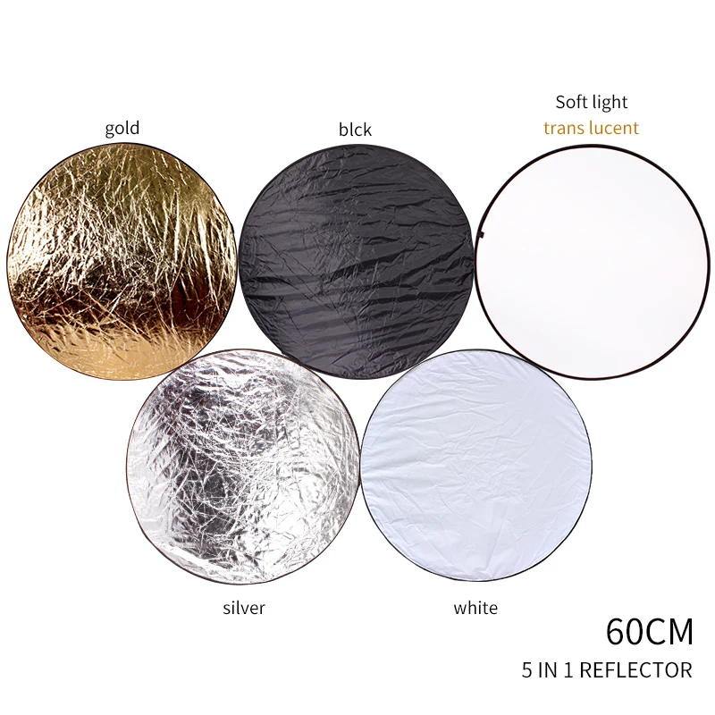 60cm 5-in-1Photography Studio Collapsible Multi Photo Disc Reflector, 5 Colors White, Black, Silver, Gold, Translucent for Photo