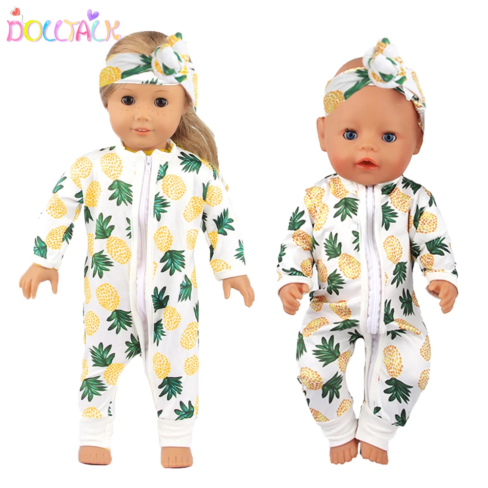 18 inch Doll Clothes and Accessories fit American 18'' Girl Dolls Pineapple One-piece + Hair Tie Set Suit For 43cm New Born Doll