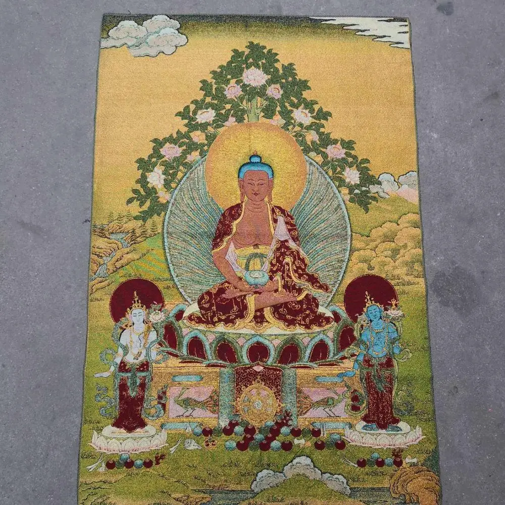 36 inch Silk embroidery Shakyamuni Amitabha Buddha Tathagata Bowl Thangka Paintings Mural