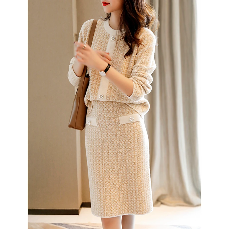 Suits Women Two Pieces Set Elegant Style 30% Wool Blended Knitted  O Neck Long Sleeve Patchwork Pullover Skirts New Fashion