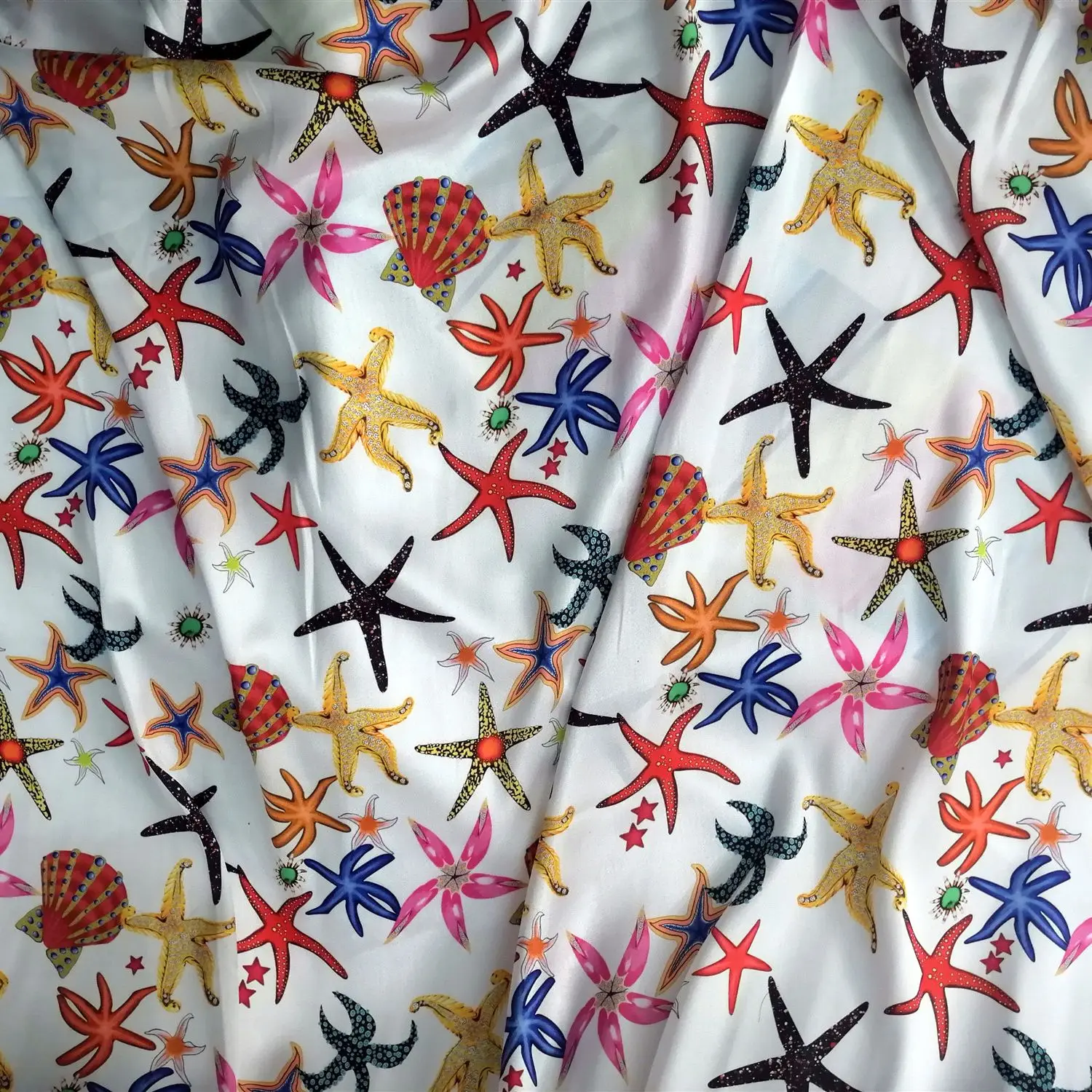 2023 European and American Brand Simulation Silk Satin Dress Fabric Starfish Digital Printing Suit Shirt Pants Clothing Fabric