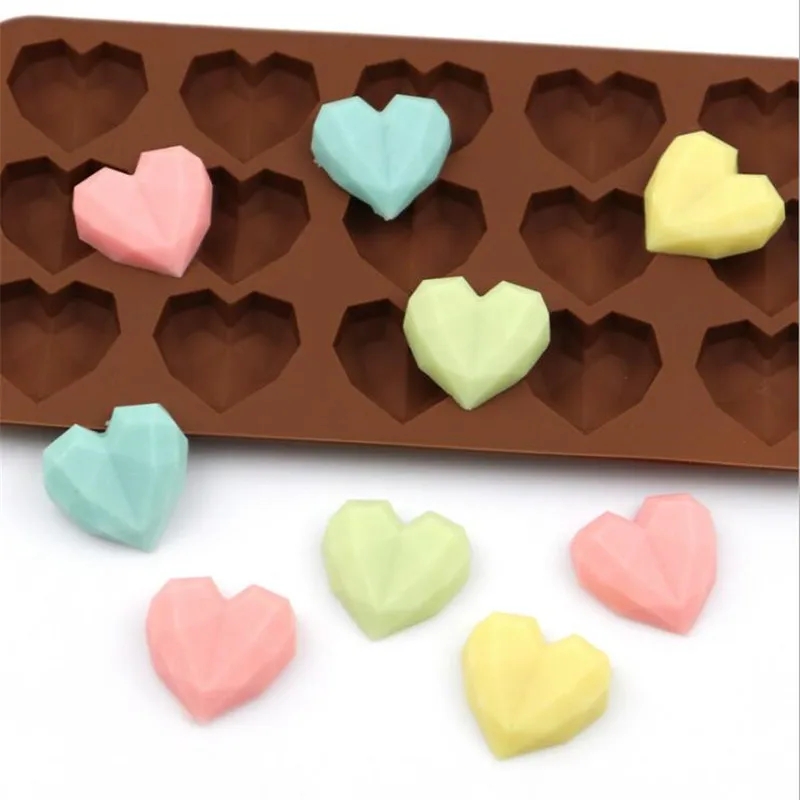 Moldes de Chocolate con diamantes de 15 cavidades, moldes de silicona con forma de corazón de amor para hornear dulces de boda, decoraciones para magdalenas, molde para pastel 3D