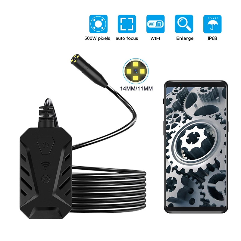 

14mm/11MM Lens 5.0MP Auto Focus WIFI Endoscope HD1944P Wireless Industrial Inspection Hard Wire IP68 Waterproof Borescope Cam