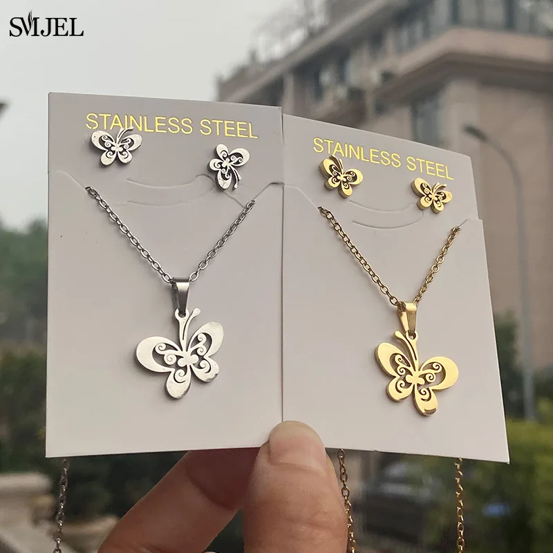 Cute Stainless Steel Butterfly Necklace Women Jewelry Sets Bijoux Animal Butterfly Pendants Necklaces Earrings Paw Kids Gift