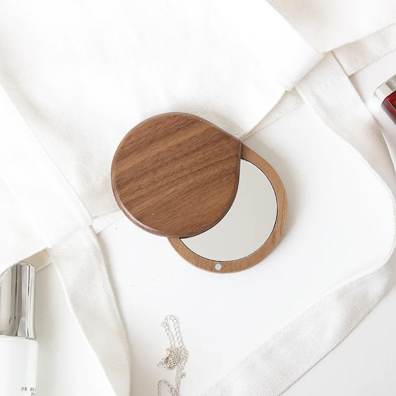 Wooden Mirror Round Foldable Mirrors Japanese Style Portable Walnut Small Mirror Make Up Outdoor