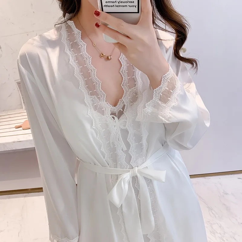 SEXY White Wedding Robe Nightgown Set Women Sleepwear Lace Trim V-Neck Short Summer Dress Kimono Bathrobe Silk Satin Home Wear