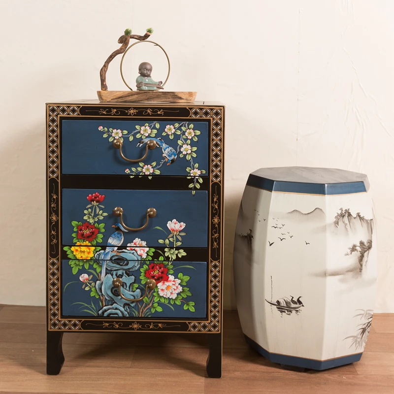 TT Hand-Painted Bedside Table New Chinese Classical Antique Reproduction Furniture Camphor Wood Blue Hand-Painted Three-Bucket