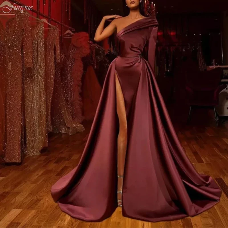 

Abendkleider Muslim Burgundy Mermaid Evening Gowns Long Sleeve Formal Dress 2022 High Slit Satin One Shoulder Sexy Prom Dresses