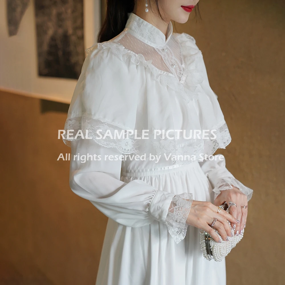 Customized Medieva Victorian High Neck Chiffon Wedding Dress Plus Size Long Sleeves Lace Tea Midi Length Short Bridal Gowns