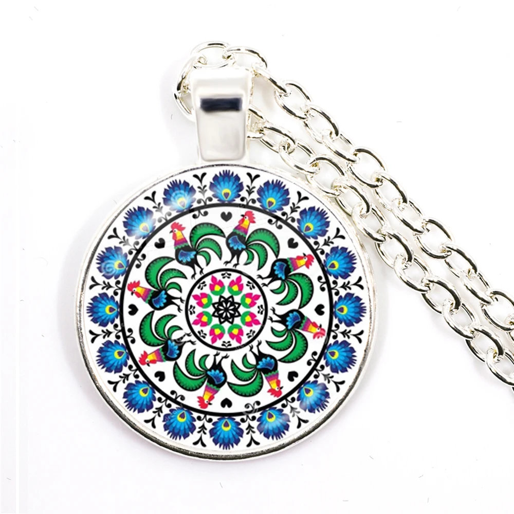 Ethnic Polish Folk Art Pattern Glass Cabochon Necklace Bohemia Fashion Flower Print Round Jewelry Pendant For Women Men Gift