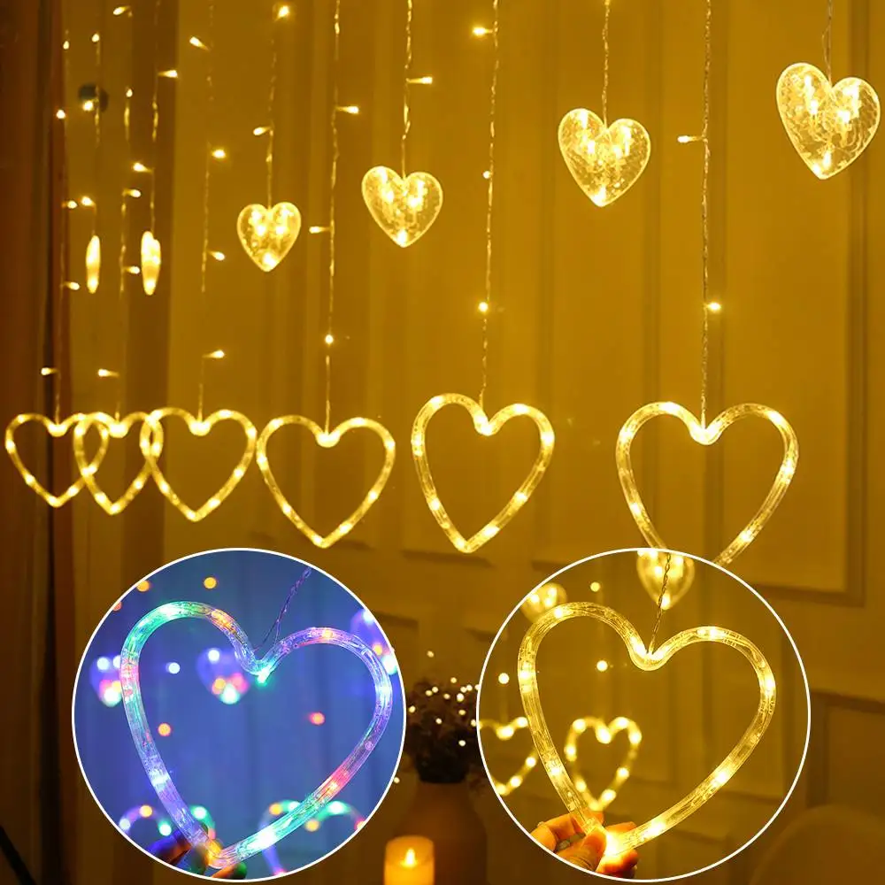 Valentine's Day Decorations Heart-Shaped LED Curtain String Lights 138 LED Valentine Hanging Icicle Light Garland Curtain Lights