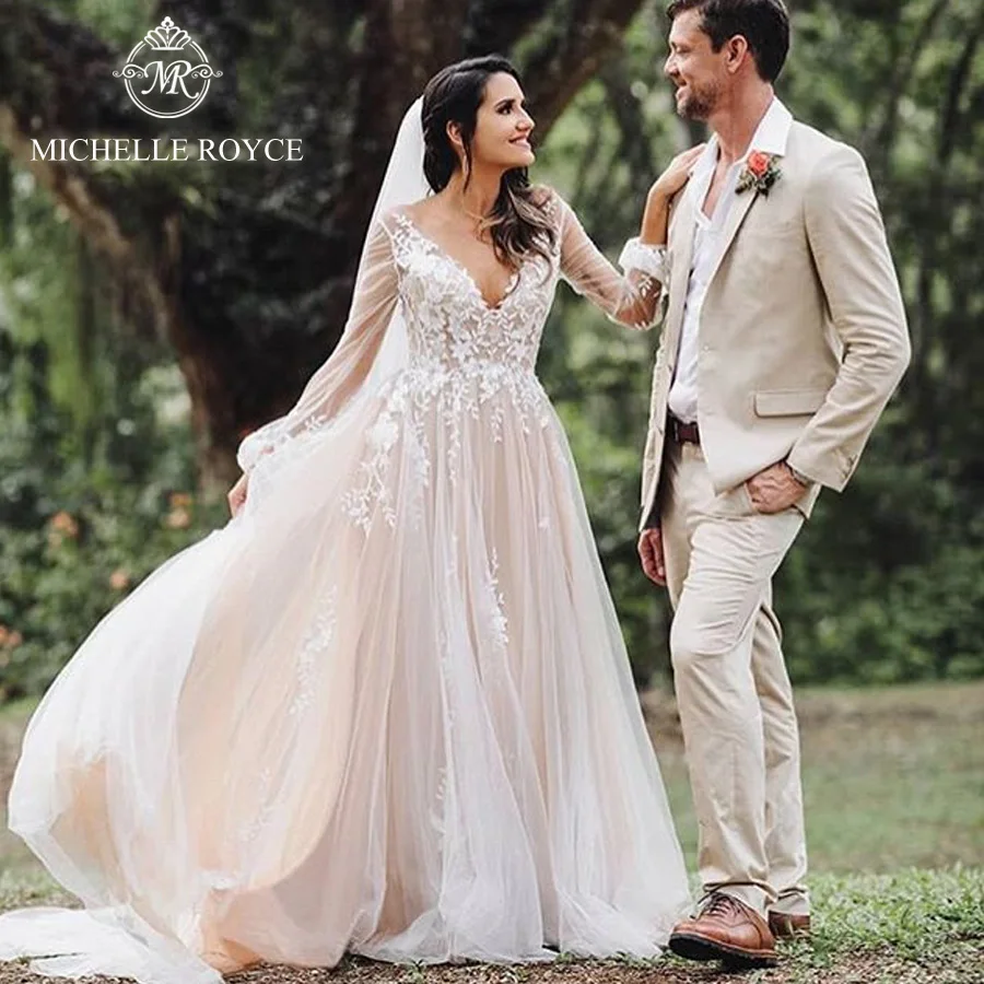 Michelle Royce Chữ A Tay Phồng Váy Áo Nữ 2022 Ảo Giác Hở Lưng Nhà Nguyện Đoàn Tàu Áo Cưới Đầm Vestido De Novia