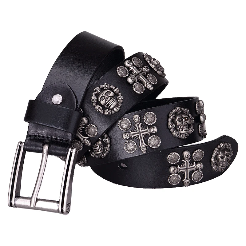 

Heavy Metal Cowboy Punk Belt Genuine Leather Hip Hop Belts for Men Cross Skull Rivet Jeans Rock Belt Male Strap Ceinture Homme