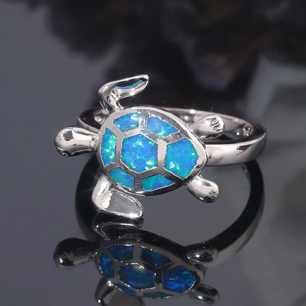 CiNily Fashion Jewelry Luster Blue Fire Opal Rings Lovely Tortoise Silver Plated for Woman Cute Jewelry Ring Size 6-7