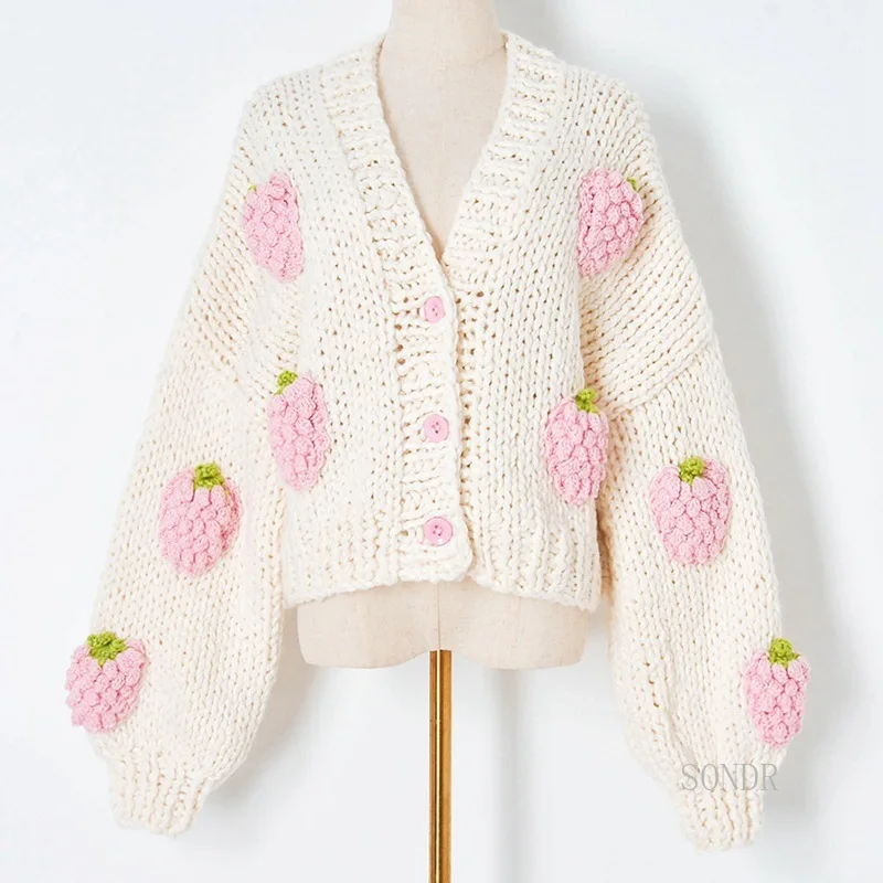 White Cute Cardigan with Pink Strawberry Crotchet Oversized Cardigans 2021 Winter Sweater Cardigan Women Lazy Oaf Knit Jacket