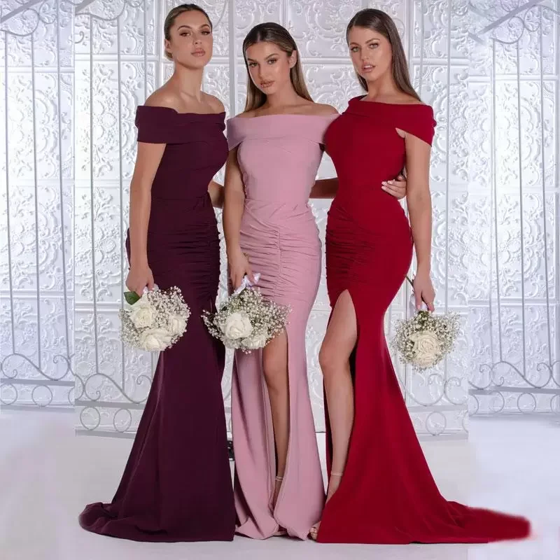 Vestidos de sirena para damas de honor, vestido de satén elástico de cuello alto sin mangas para adolescentes, fiesta de boda, 2020