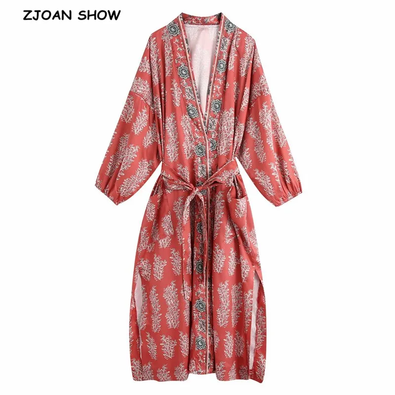 Bohemian V neck Grass Floral Print Long Kimono Shirt Ethnic Lacing up With Sashes Long BOHO Cardigan Tie Bow Blouse Tops