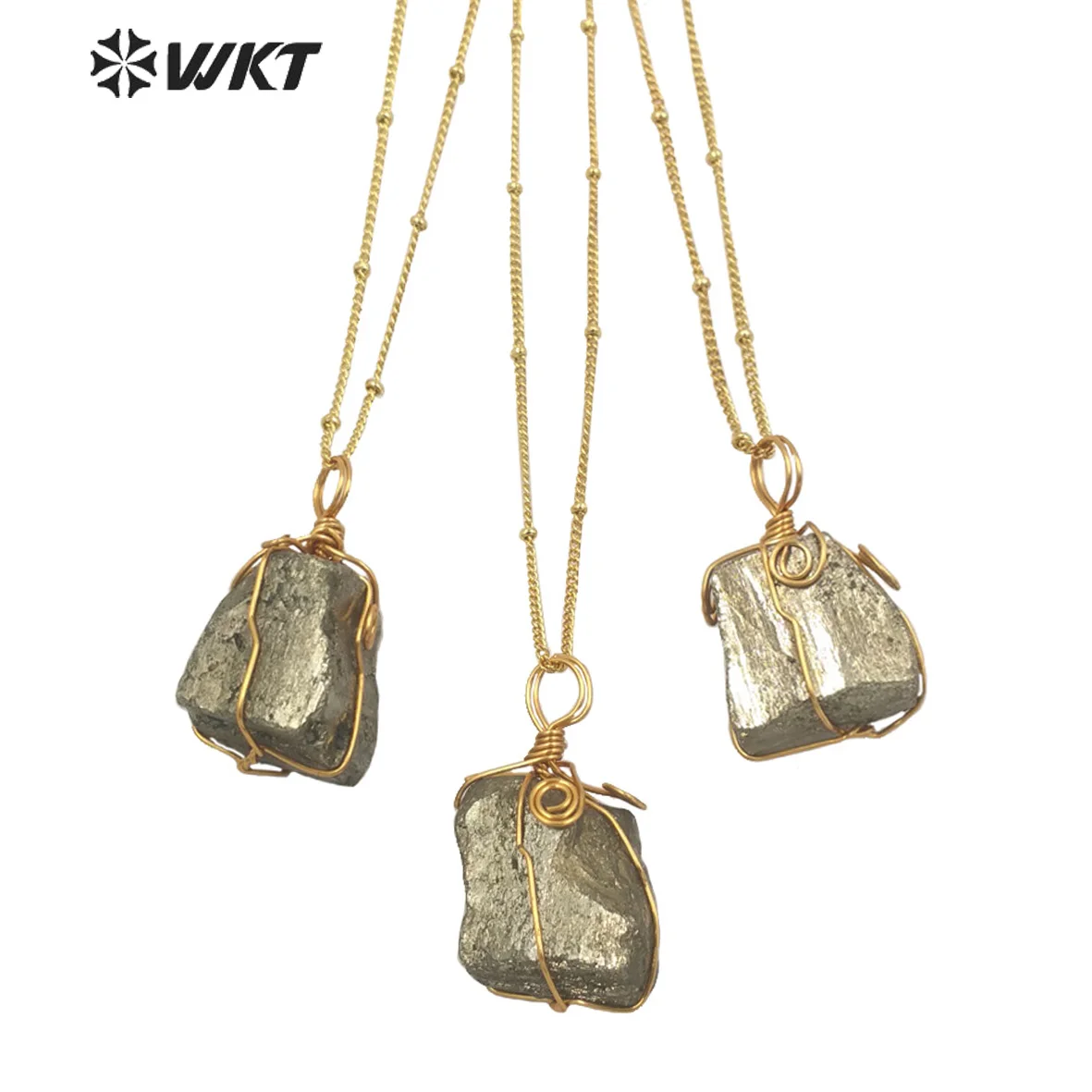 

WT-N1345 WKT Beautiful Rectangular Pyrite Necklace And Brass Wire Wound Pendant Lady's Jewelry Necklace Gift Procurement