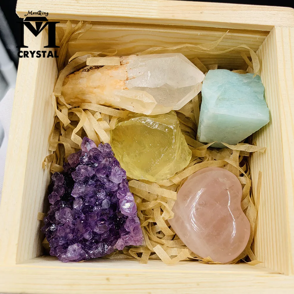 

1 Set Natural Rose Quartz Love Amethyst Cluster Healing Wand Mineral Crystal Point Citrine Decoration Stone Yoga Wooden Box Suit