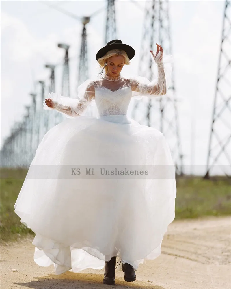 Alta pescoço civil boho vestido de casamento puff manga longa vestidos de noiva do vintage praia vestidos de casamento boêmio pérolas vestido de noite