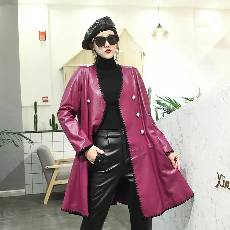 Real 100% Leather Medium-Long Jacket Women Fashion V-Neck Loose Sheepskin Coat New Elegant Office Slim Windbreakers Outerwear