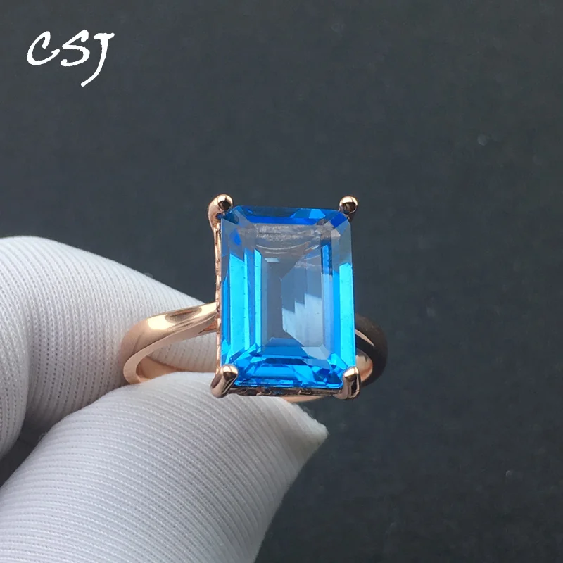 

CSJ Natural Blue Topaz Rings Sterling 925 Silver Gemstone Oct10*14mm Rose Gold Plated Women Wedding Engagment Party Gift Box