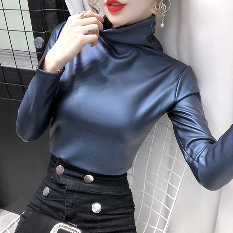 Shintimes Turtleneck Soft PU Leather T Shirt Women Long Sleeve Tee 2022 Winter Warm Tshirts Womens Clothing Camisetas De Mujer