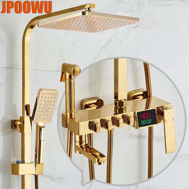 

Gold Digital Shower System Set Bathroom Hot Cold Mixer Thermostatic Rain Shower Faucet Wall Mount SPA Rainfall Gold Grifo Kraan