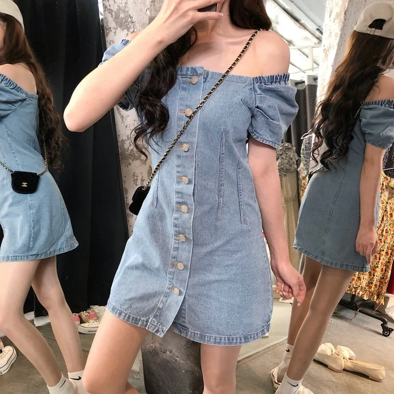 Slash – robe courte en Denim pour femme, tenue féminine à épaules dénudées, manches bouffantes, coupe trapèze, Streetwear, nouvelle collection printemps été