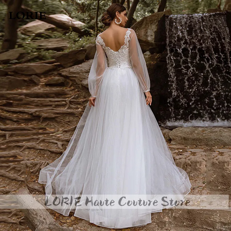 Lorie puff manga laço vestido de casamento 2021 elegante appliqued rendas vestidos de noiva a linha corset volta princesa vestidos de casamento