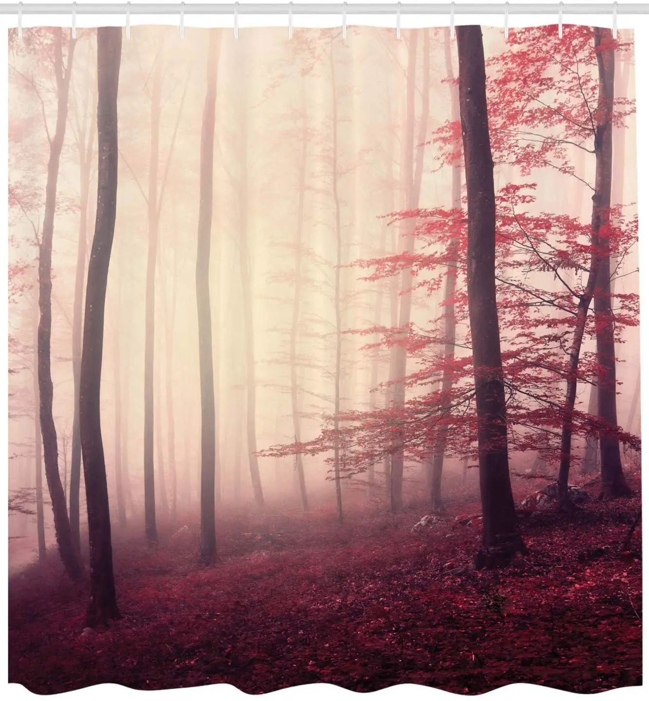 Burgundy Cream Woodland Shower Curtain Fantasy Marsala Color Foggy Forest Jungle Dreamy Wilderness Woods Sunlight