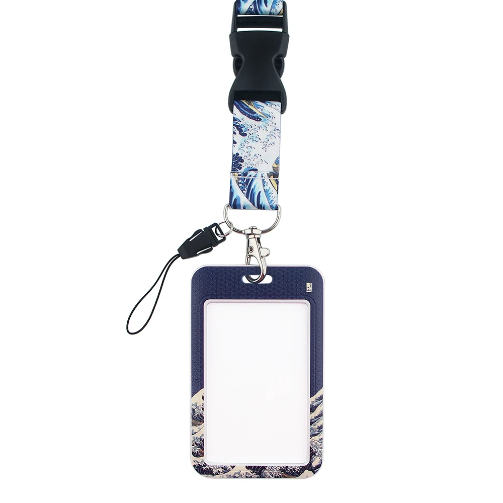 ER511 Blue Waves Painting Art Buckle Lanyard Credit Card ID Holder Bag Student Travel Bank Bus Business Card Cover Badge