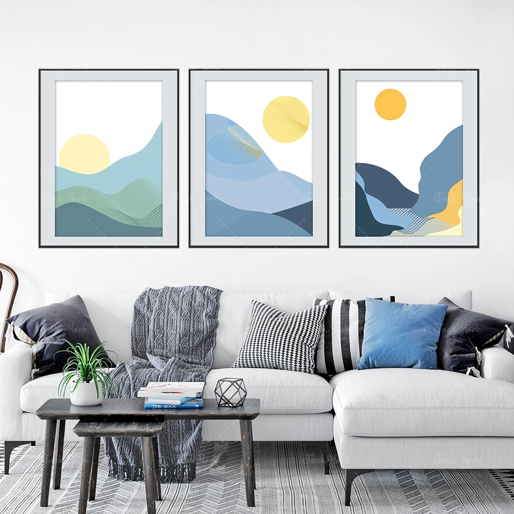 Modern Scandinavian Mountain, Abstract Landscape Sun Set of 3, Nordic Panorama Blue Scenery Prints, Modern Home Decor, Monochro