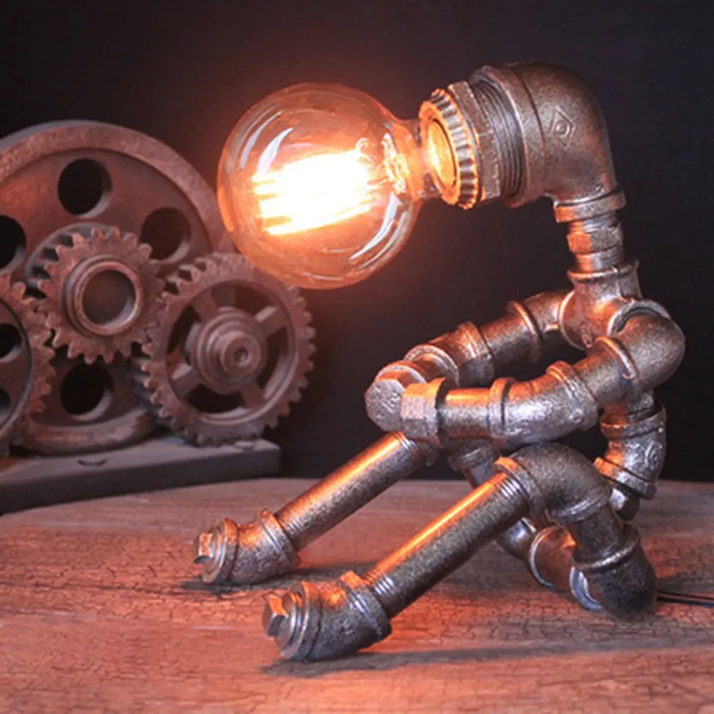 Vintage Table Lamp Retro Industrial Iron Water Pipes Sitting Robot Table Lamp Steampunk Desktop Light