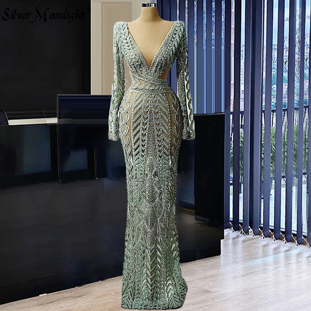 

Deep V Neck Sexy Lace Evening Dress Mermaid Beaded Longue Robes for Party Vestido De Novia Gowns Arabic 2021