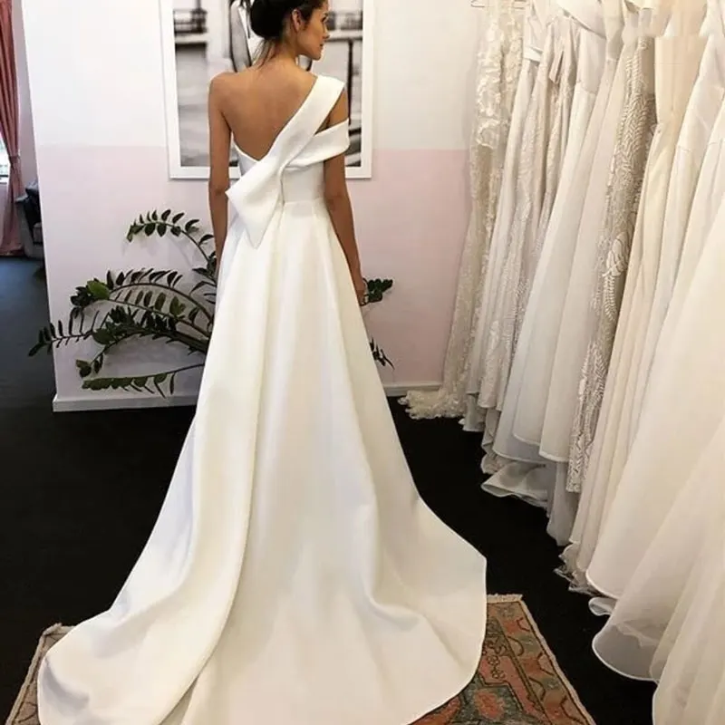 Neue Stil Satin Hochzeit Kleider Свадебное платье Braut Kleider Vestido De Noiva Eine Schulter Lange Kleid Sweep Zug