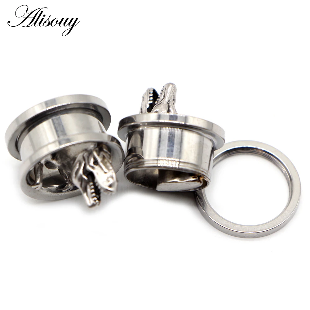 Alisouy 2pcs Fashion Dinosaur Ear Gauges Expander Stretchers Stainless Steel Earrings Plugs Tunnels Screw Piercing Body Jewelry