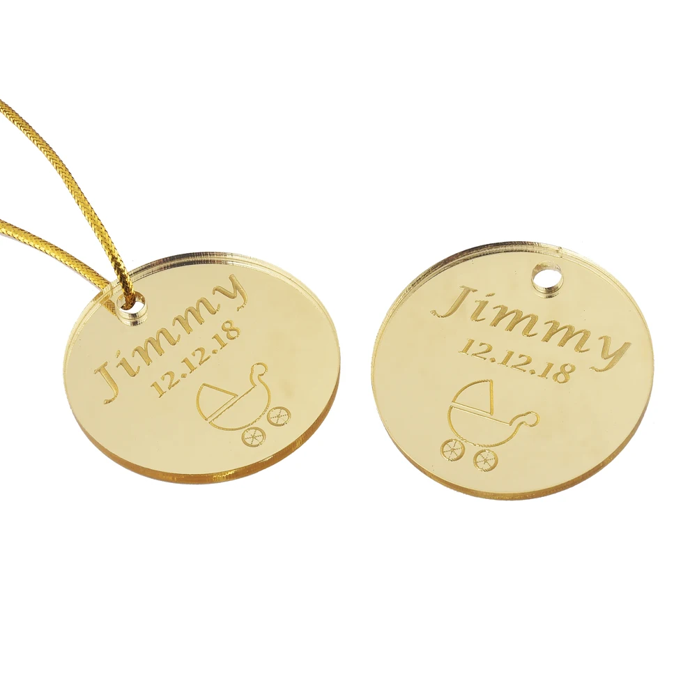 

Personalized Engraved Mirror Gold Round Tags, Baby Shower Decor, Gift Tags, Baptism Favors, Wedding Name Tags, 4cm, 100Pcs