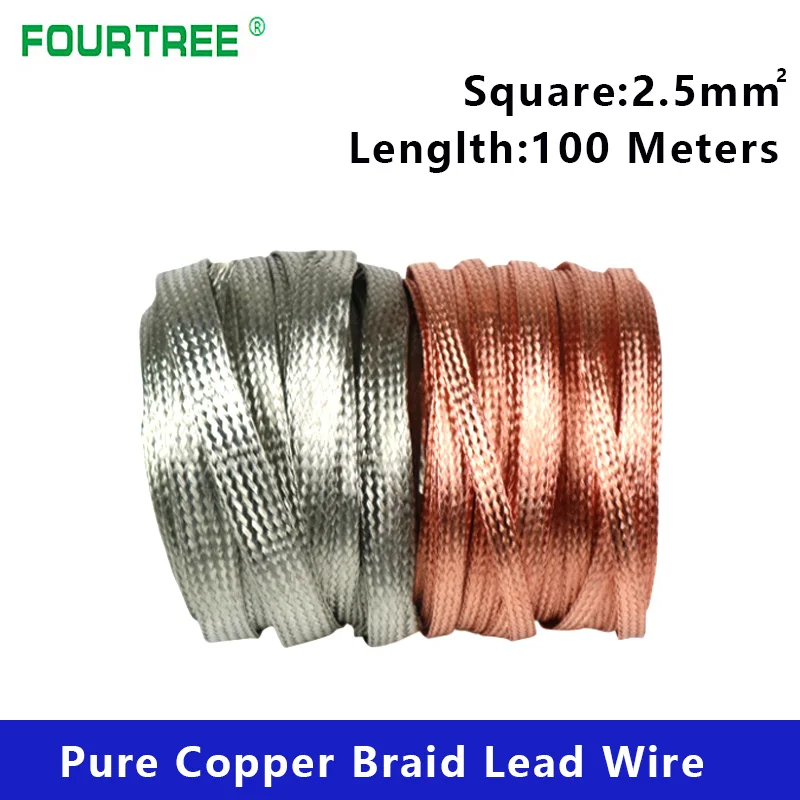 

100M/Roll 2.5mm2 Pure Copper Tinned Braid Lead Wire High Flexibility Bare Ground Cable Flat Conductive Tape