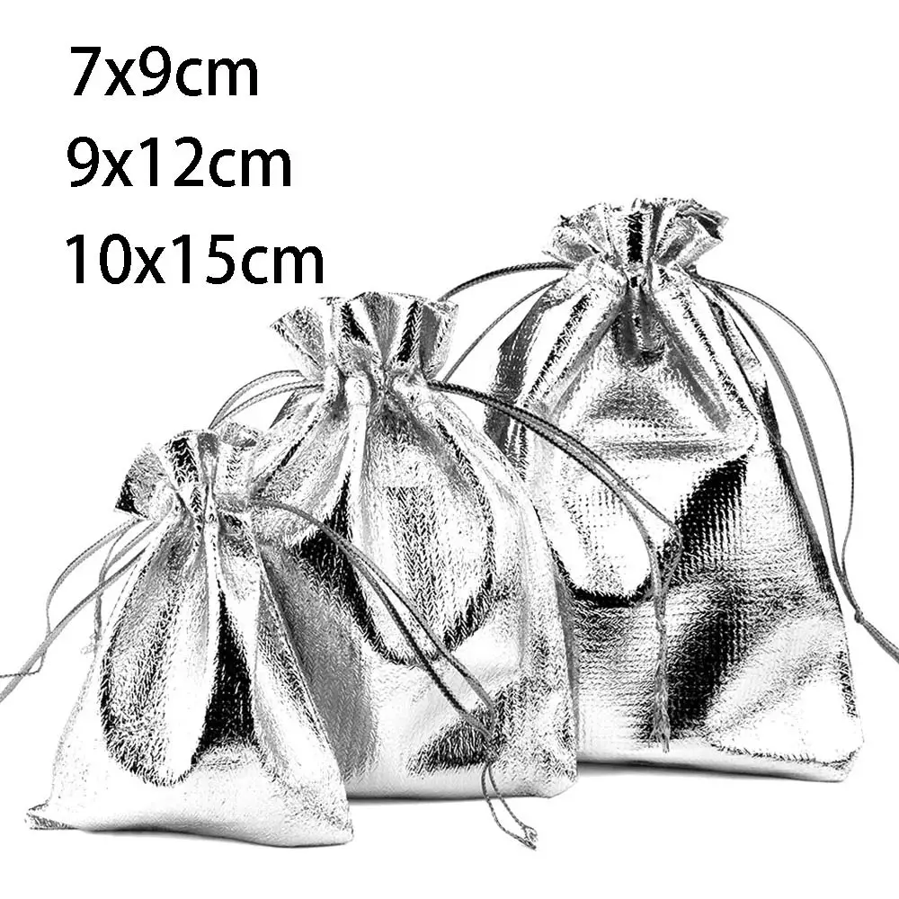 25/50pcs/lot 7x9 9x12 10x15cm Gift Bag Gold Color Foil Jewelry Bag Drawstring Pouches Christmas Party Wedding Gift Candy Bags