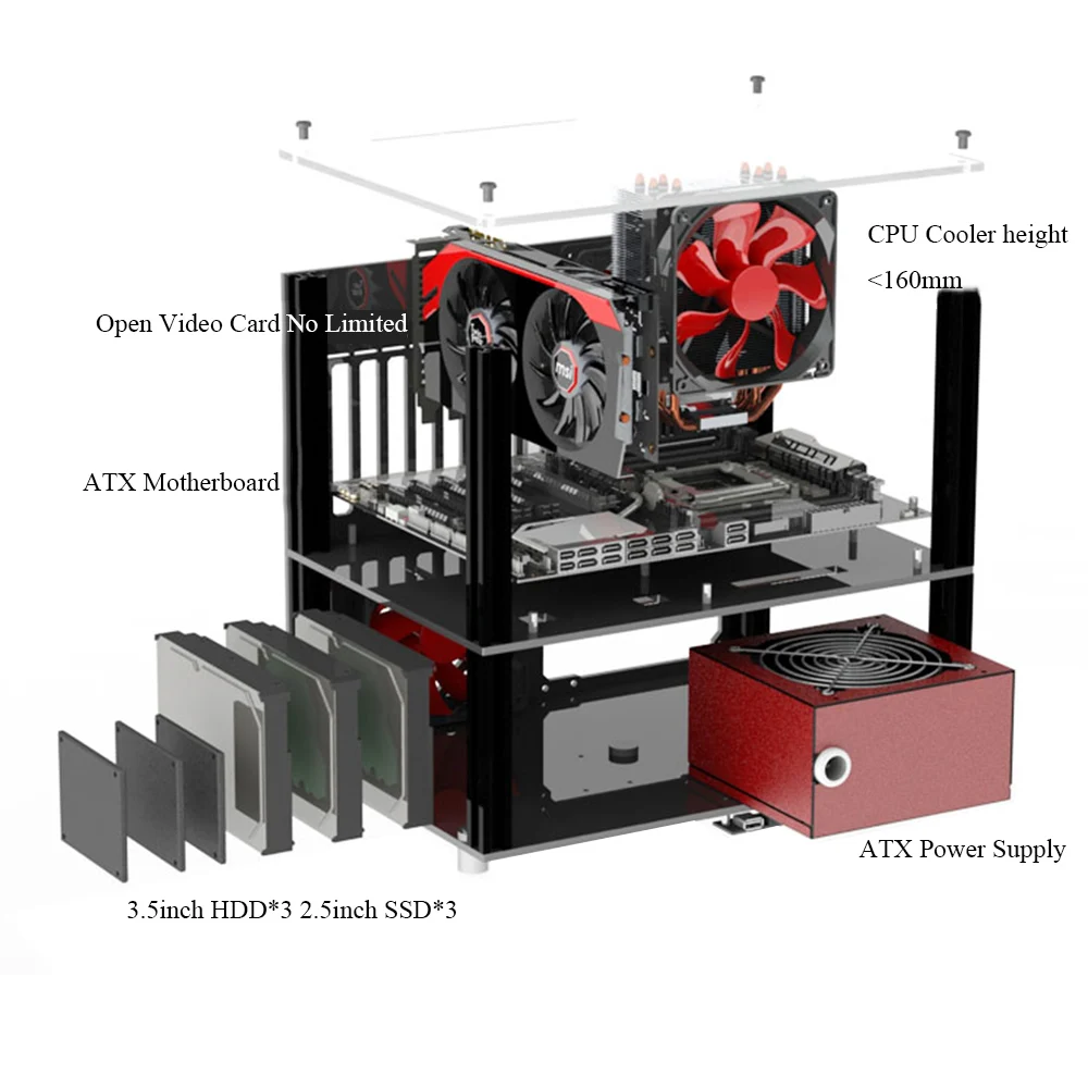 Double-Layer DIY Acrylic ATX Computer Case Support MATX/ITX USB Audio Open Water Fan Cooling Transparent Desktop Tower Rack