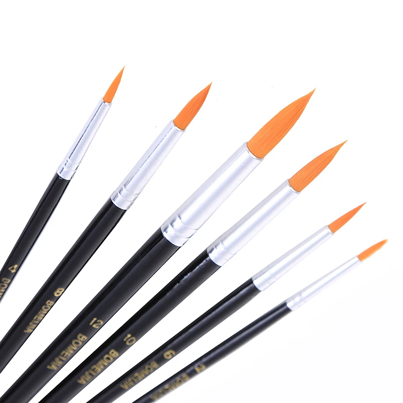 6Pcs Nylon Hair Flat / Round Tip Paint Brush Set For Learning Diy Oil Acrylic Painting Art Paint Brushes Supplies