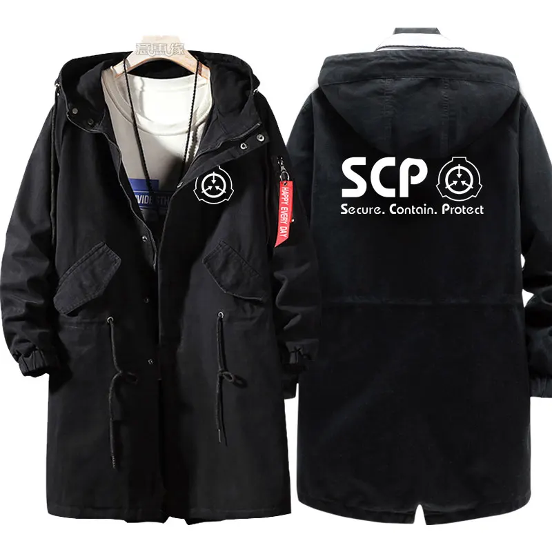 Nuove procedure di contenimento speciali fondotinta con cappuccio gioco SCP trench coat uomo moda cotone cerniera soprabito giacca